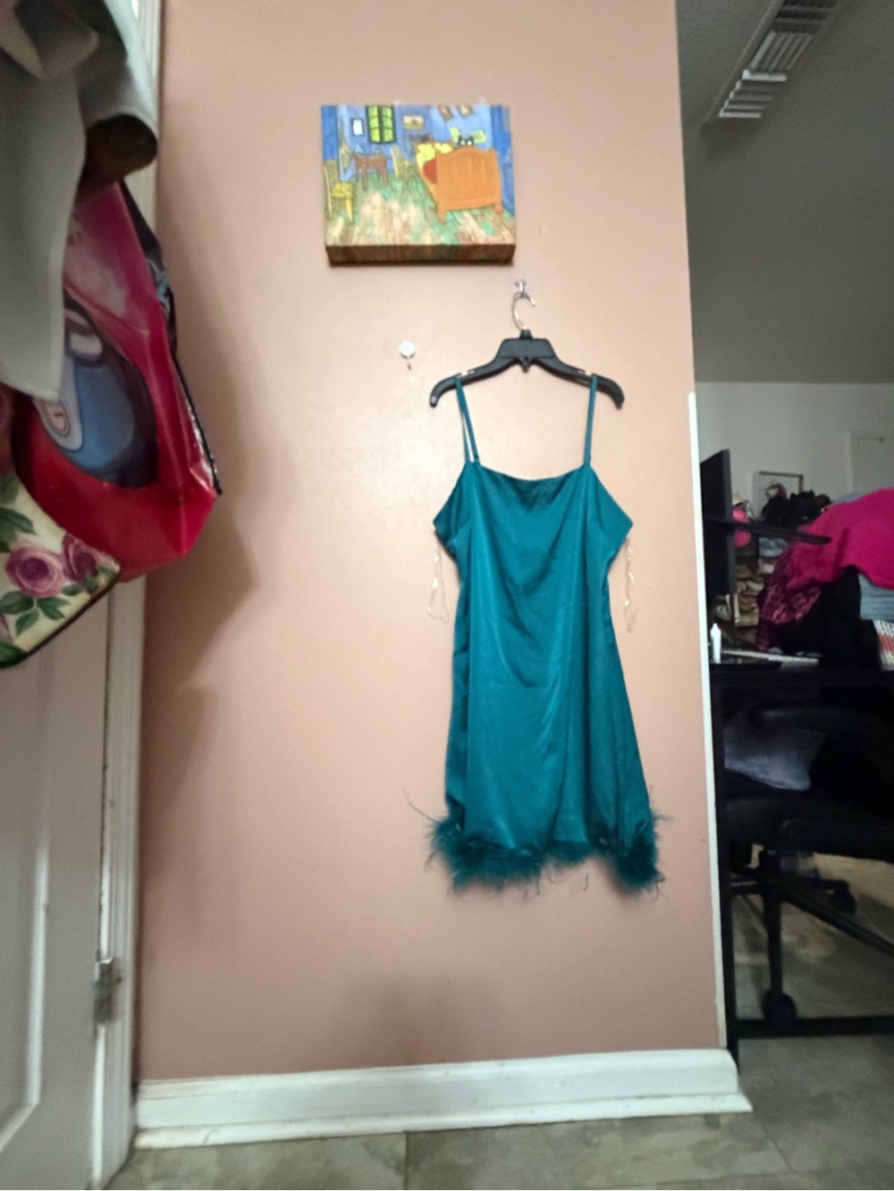 Teal Feather-Trim Slip Dress